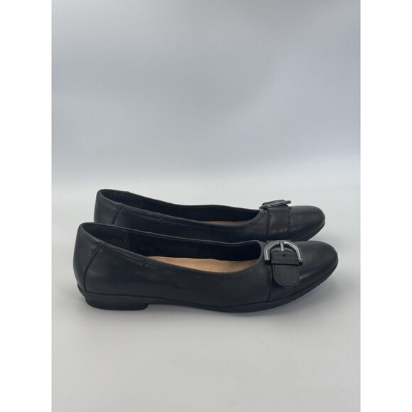 Clarks Unstructured‎ Women's 9M Black Leather Flats Buckle Comfort Shoes - Picture 1 of 12